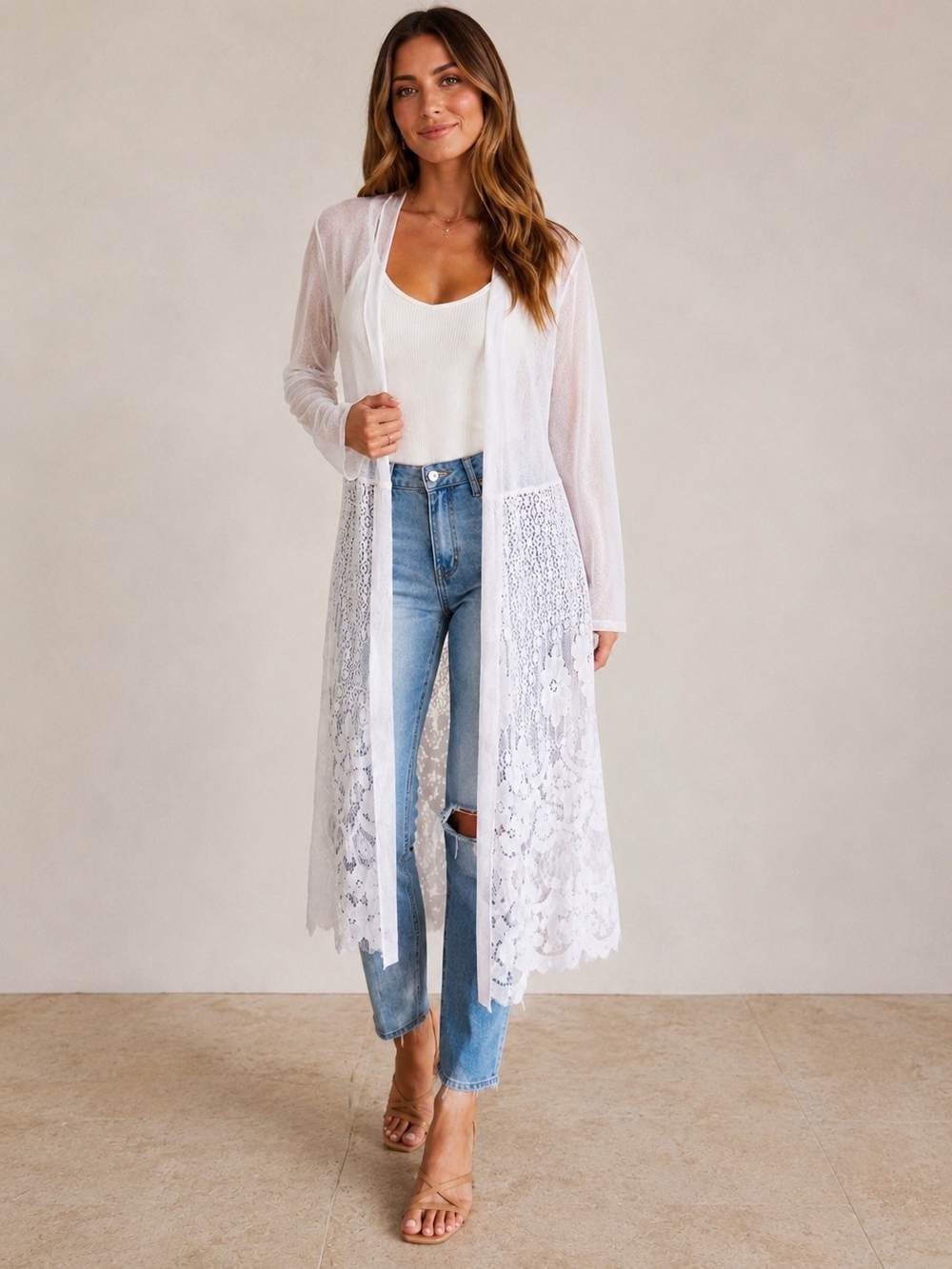 Ember White Lace Duster Cardigan Size M Sheer Open Front Boho Floral Cover Up